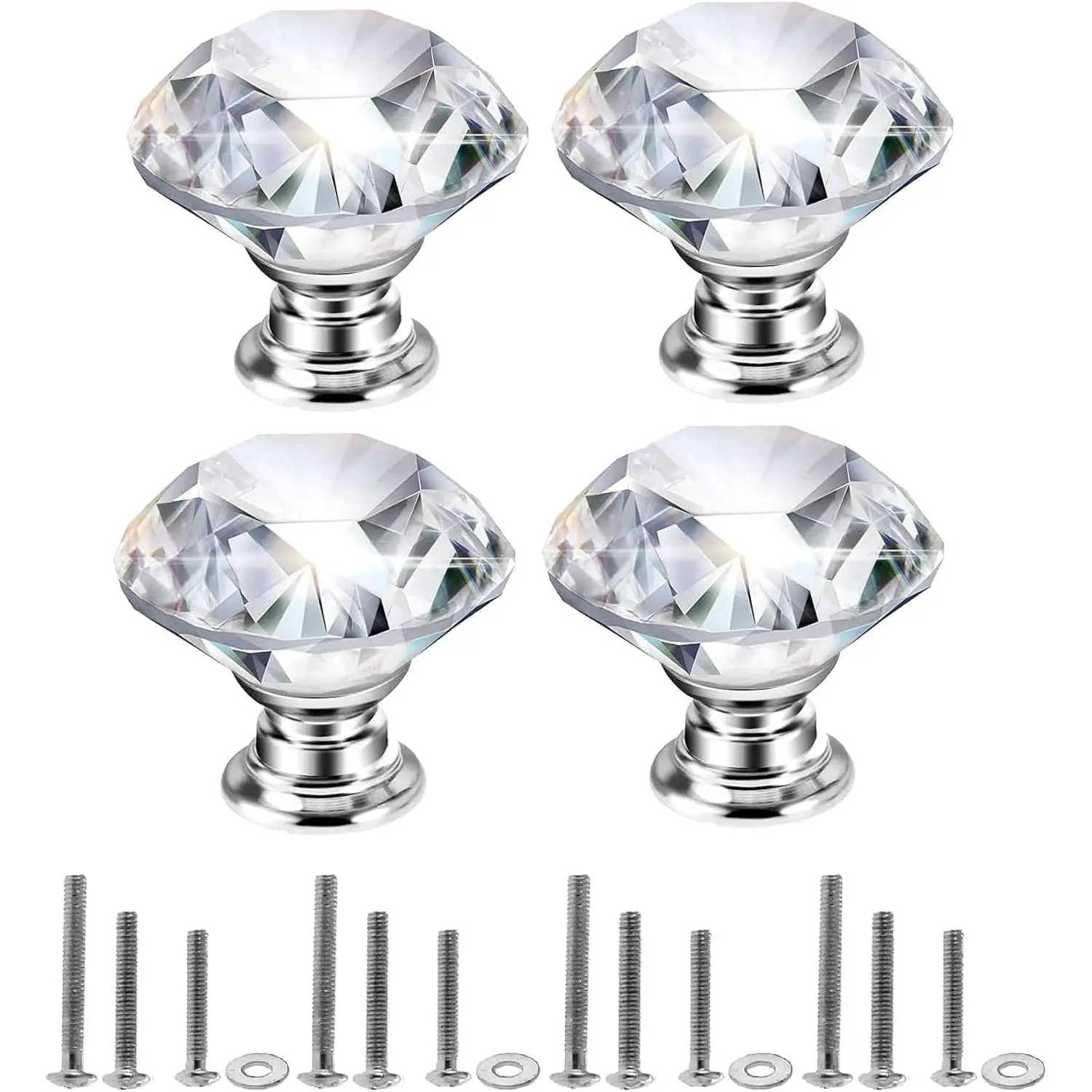 40mm Crystal Glass Knob, 4PCS Diamond Shape Pulls, Clear Glass Drawer Handle for Closet Cabinet, Kitchen Bathroom Cupboards, Dresser, Bookcase, Wardrobe