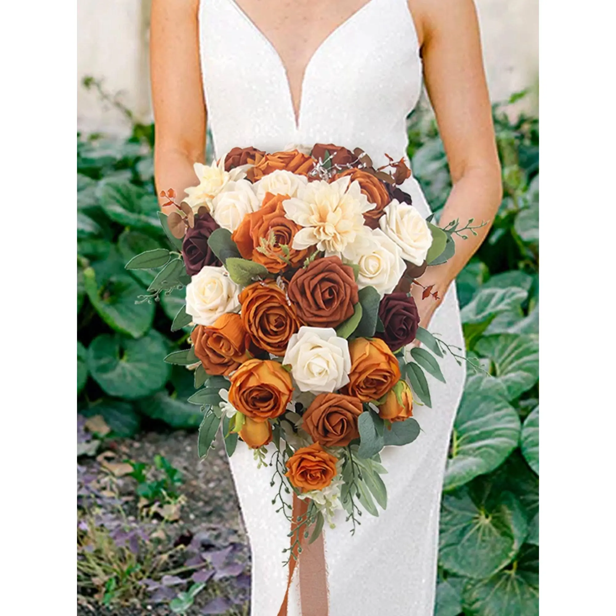Rinlong 13.3x19.2in Silk Cream Terracotta Cascading Bridal Bouquet - Roses, Flowers, Frayed Edge Ribbons, Warm & Rich Colors for Wedding, Home Festive Supplies