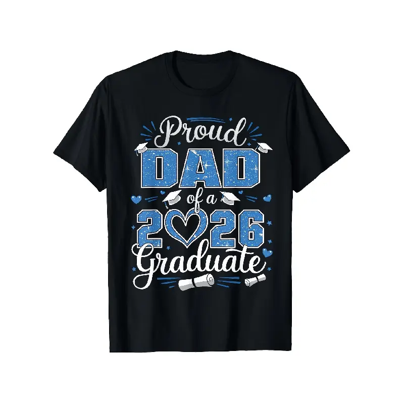 Men's Casual Short-Sleeve Graphic Tee - Stylish Black Menswear with Sparkling Blue Glitter Varsity Print, Ideal for 2026 Graduate Fathers' Graduation Festivities and Gifting