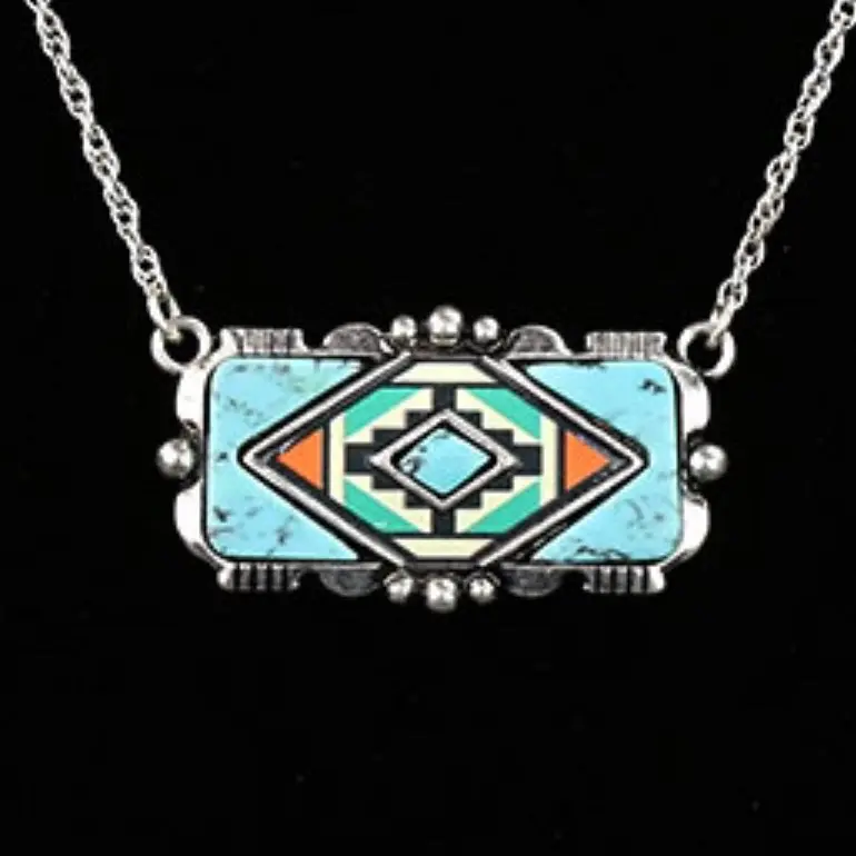 Western Aztec Print Bar Necklace 18" with 3" Extender Adjustable Length 2" x 1" Pendant for Casual or Themed Outfits