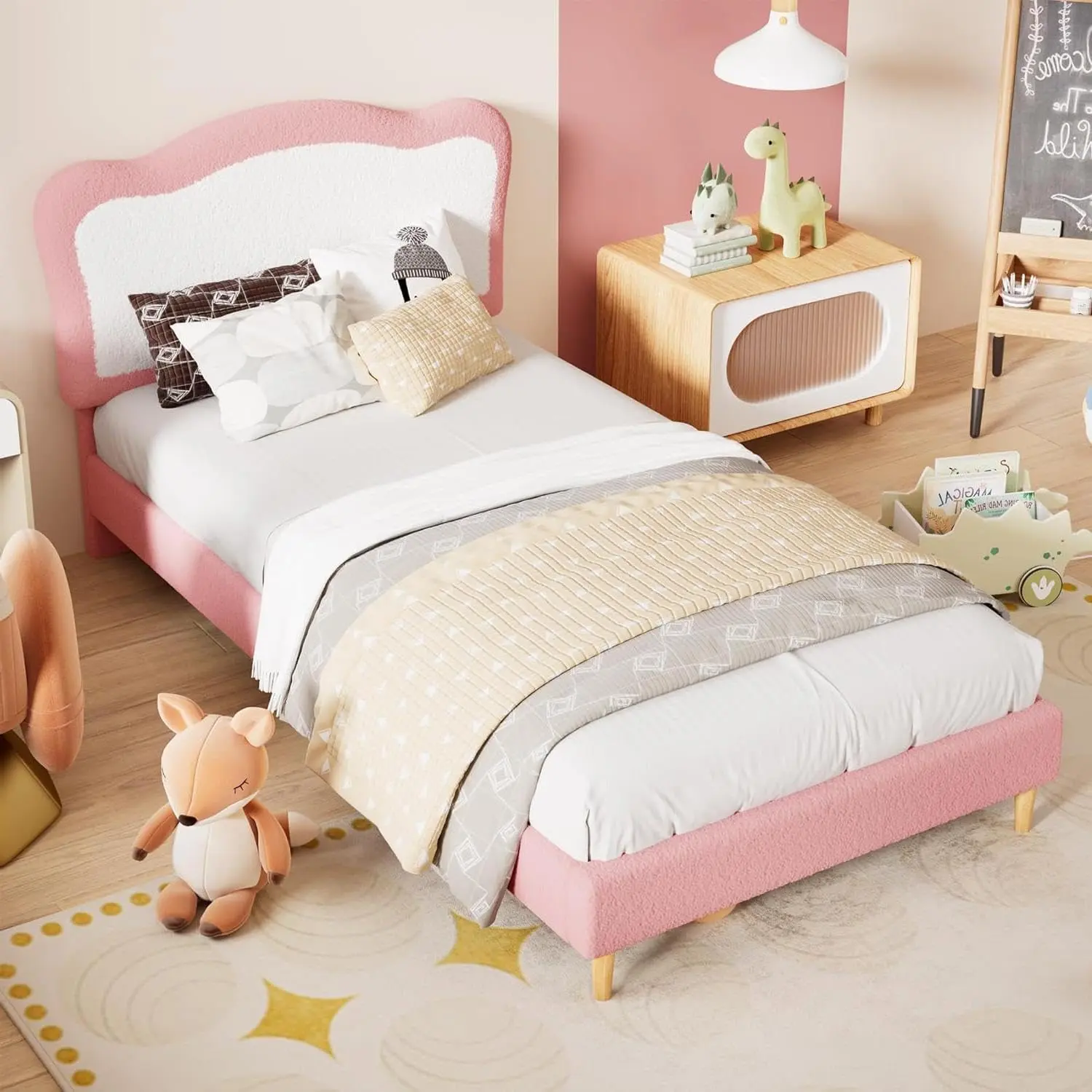 Garvee Twin Size Platform Bed Frame for Kids, Pink & White Boucle Upholstered with Headboard, Wooden Slats Support, Noise-Free, Easy Assembly, No Box Spring Needed