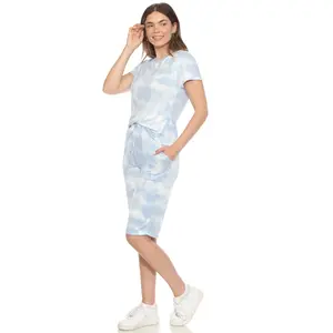 212 MAIN Women's 2-Piece Shortsleeve Capri Pajama Set - Soft Knit Elastic Blue Tie-Dye Fabric, Breathable, Adjustable, Pocketed Loungewear (Top & Pants), Extra Large (3627-06-XL)