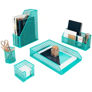 BLU MONACO 5-Piece Dark Teal Desk Organizer Set - Desk Accessories for Women - Teal Desktop Organization - 3.75" x 9.75" x 11.5" / 9.5" x 13.75" x 2.75" / 3.75" x 3.75" x 3.5" / 3.5" x 4" / 10.5" x 3.25" x 5"