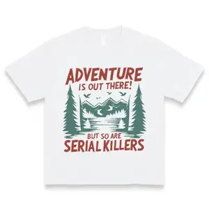 Relaxed Fit Women's Casual Short Sleeve T Shirt with Mountain Lakes Graphic Print Featuring Adventure Is Out There Round Neck Summer Machine Washable Outdoor Enthusiast Apparel