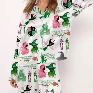 Wicked Satin Pajama Set, Glinda & Elphaba Inspired Sleepwear, Wicked Movie Fan Long Lounge Set Sleepwear, Witchy Feminine Pajamas