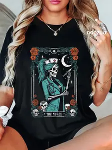 100% Cotton The Nurse Tarot Card Skeleton CNA Nursing Horror Halloween T-Shirt