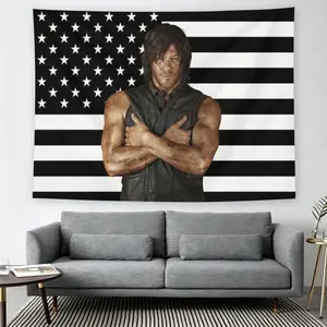 Daryl Dixon Black American Flag Wall Flag, The Walking Dead Print, Mid-century Modern Black Flash Manga Style, Y2K Aesthetic, For Adult Fans, TV Show Decor, Man Cave Living Room Tapestry