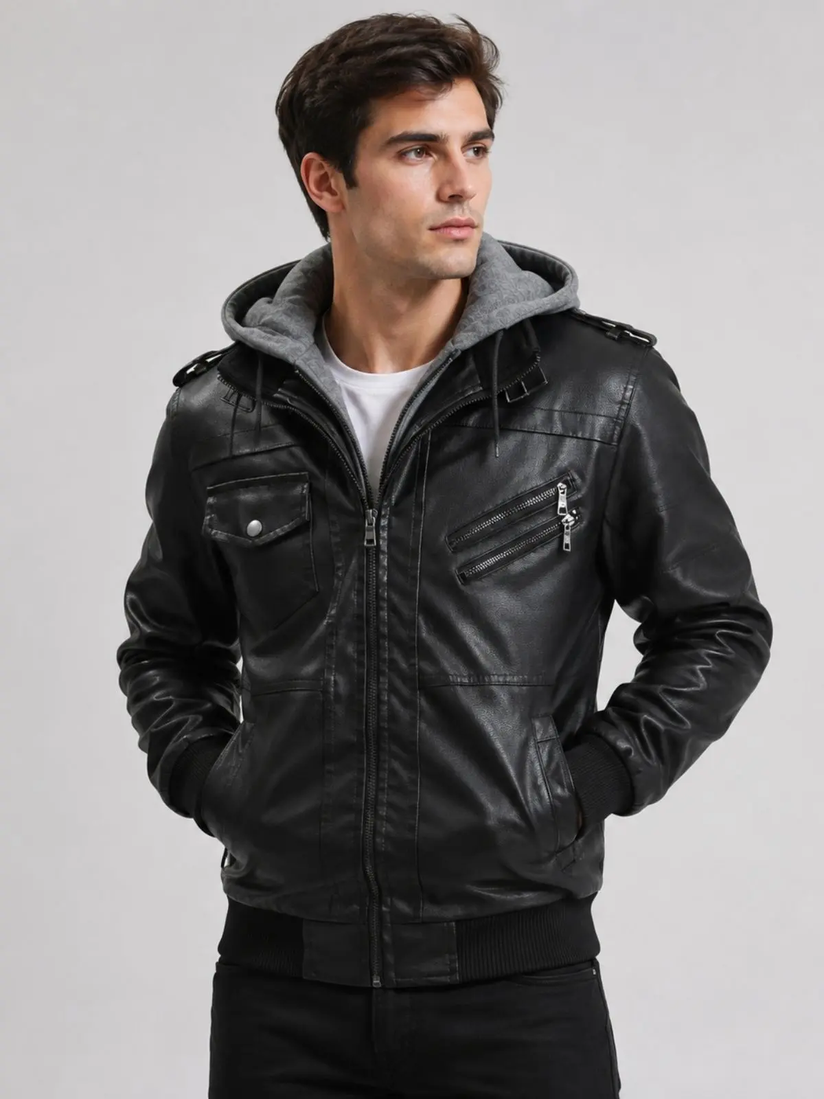 Vintage Hooded Leather Jacket for Men, Classic Plain Motorcycle Baseball Style with Multiple Pockets, Stylish Casual Outerwear, Menswear, Coats