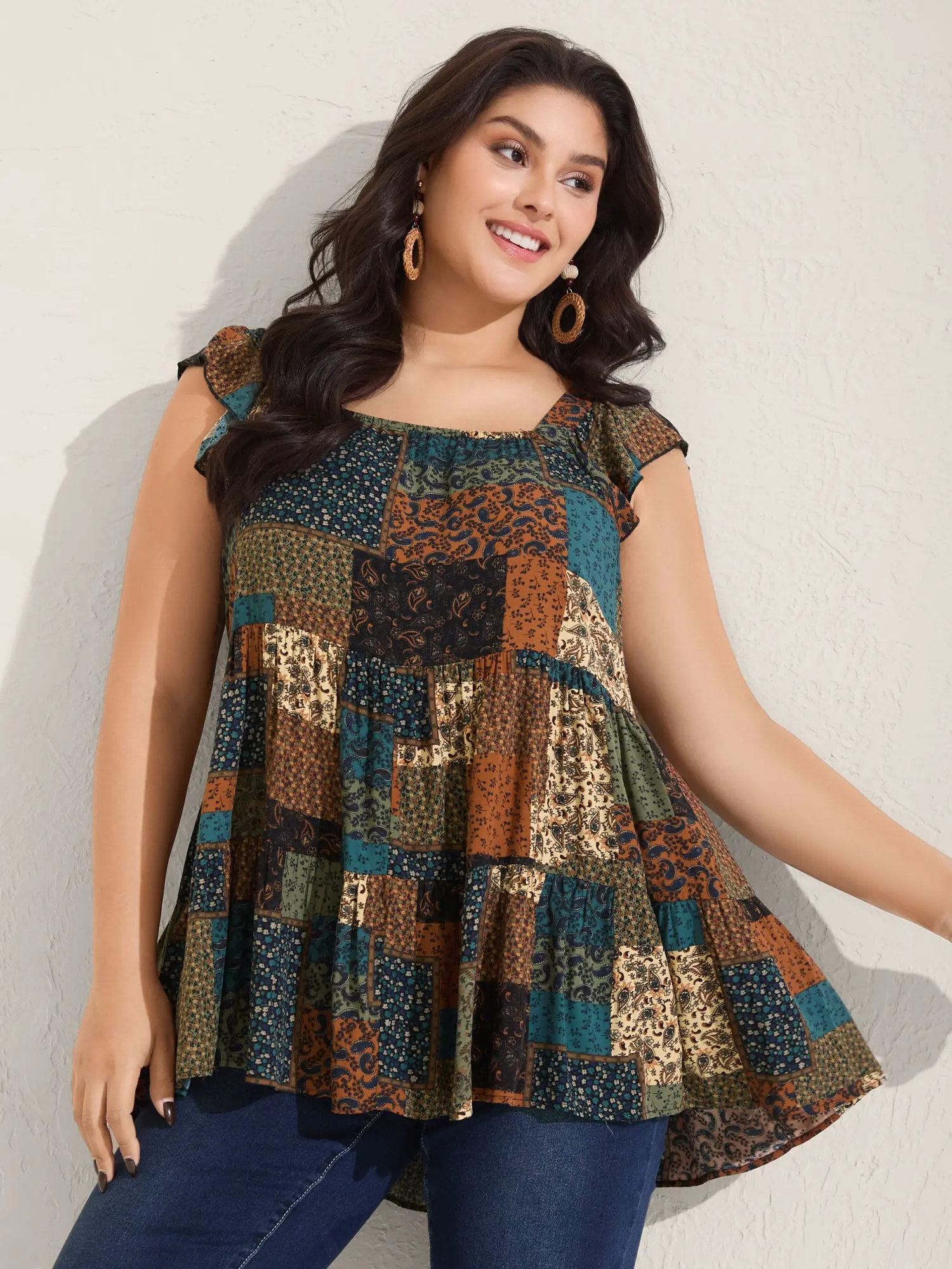 BLOOMCHIC Plus-Size Rayon Tank Top - Women's Casual Boho Sleeveless Multicolor Square Neck Top, Floral Collage & Plaid Print Layered Fitted Tunic, Breathable Plussize Boho Outfits for Summer 2026,Summerfinds,back to school,back to school shopping