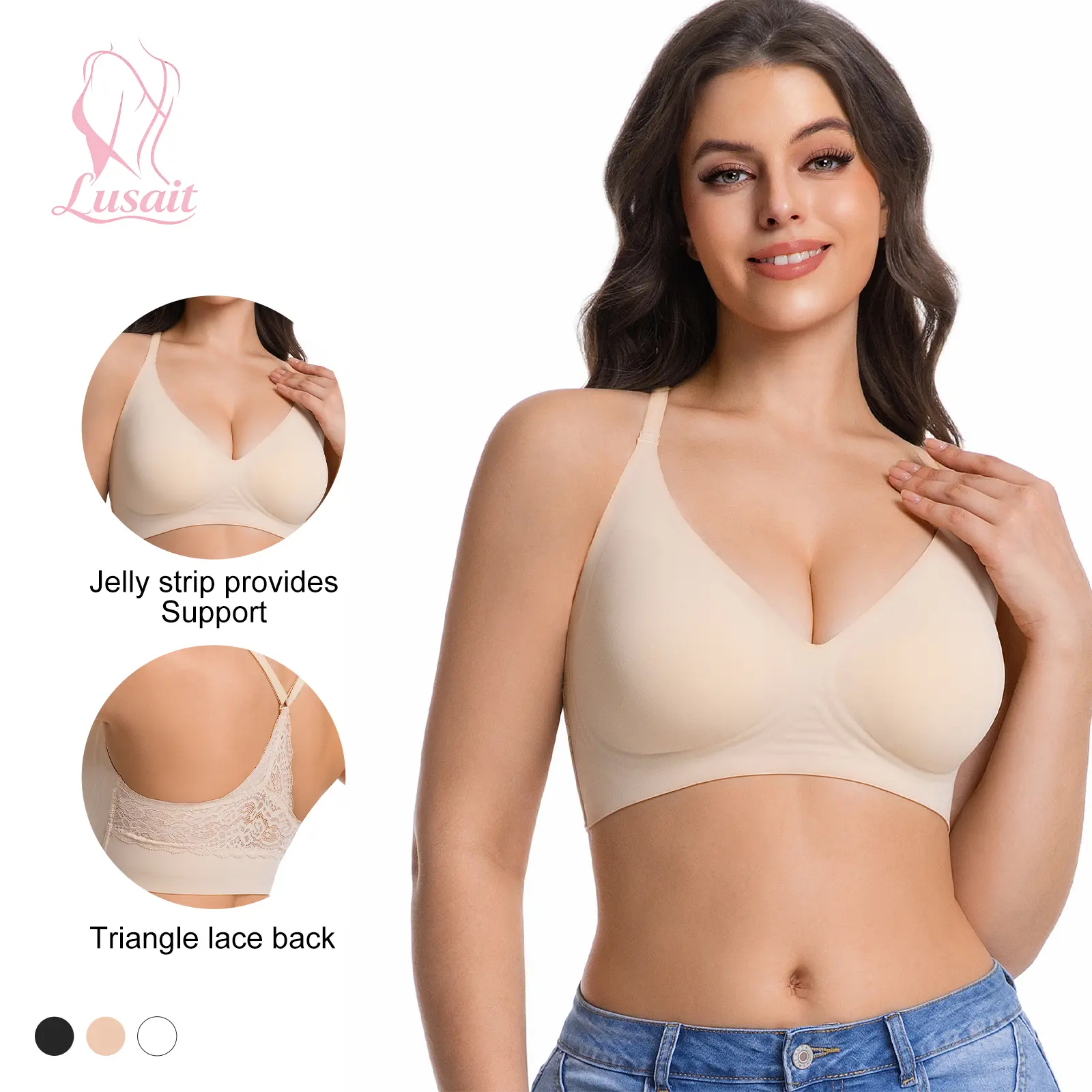 Lusait Women's Seamless Wireless Lace Bra Soft Jelly Bra Triangle Back Pullover Racerback Bralette Buttery Soft Comfort Deep V Plunge T-Shirt Bra summerwins