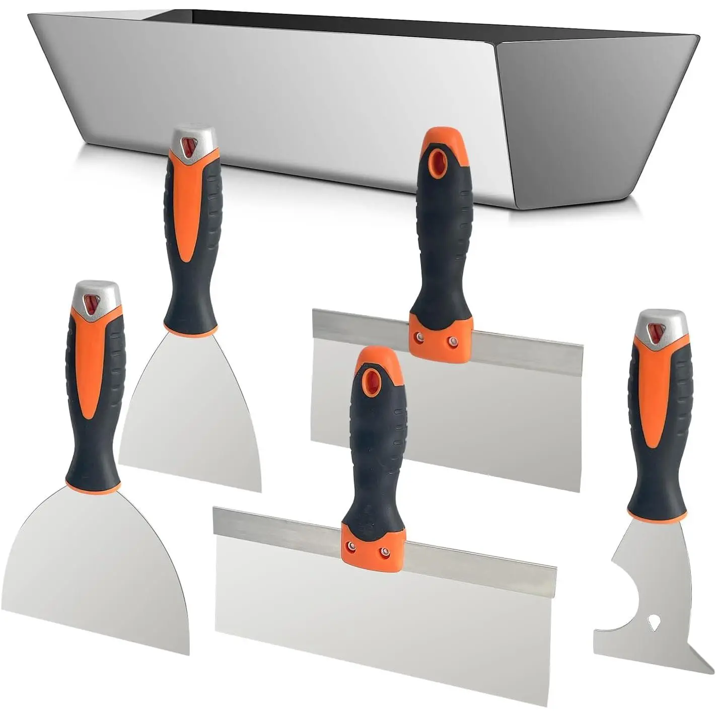 5-Pcs Alloy Stainless Steel Drywall Multi-Tool Kit for Carpenters, Builders, Handymen - 3" Curved Ends Paint Scraping Tool, Drywall Joint Taping Knife, 14" Non-Slip Pattern Mud Pan with Easy Cleaning & Hanging Holes for Wall Repair DIY, Wall Finishing