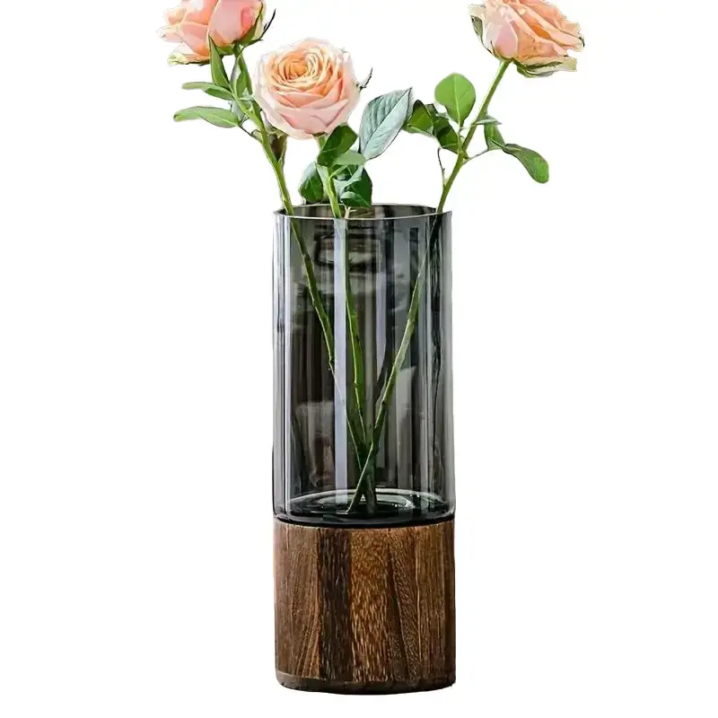 Luxury Glass Vase with Wooden Base,home decorative vase,Vases for Flowers,Classic Boho Rustic Style for Fireplace Bedroom Kitchen Living Room Centerpieces Office Desk,flower vase