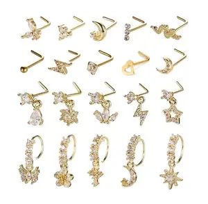 20Pcs 20G Dangle Nose Ring L Shaped Dangling Nose Stud for Women Stainless Steel Nose Ring Studs CZ Flower Dangle Nose Rings Hoops Piercing Jewelry