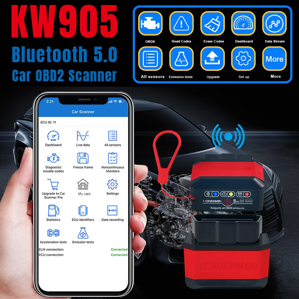 KONNWEI KW905 Bluetooth 5.0 OBD2 Scanner, Wireless Car Code Reader for iOS & Android, Check Engine Light Diagnoser, Live Data & Emissions Readiness Tool for 1996+ Vehicles