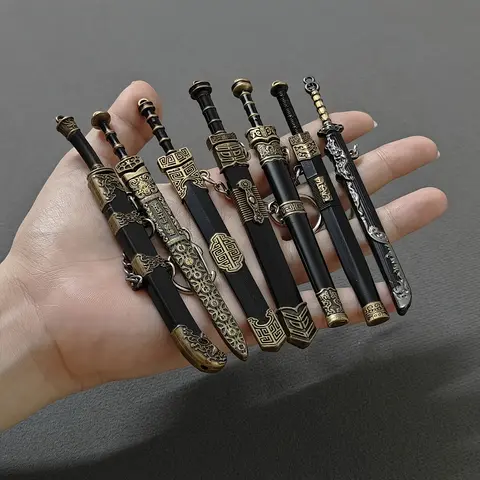 Unisex 7pcs Durable Iron Alloy Miniature Swords with Sheaths - Anime Ancient-Inspired Pendant Keychains, Funky Costume Jewelry, Ideal Gift for Game & Anime Enthusiasts