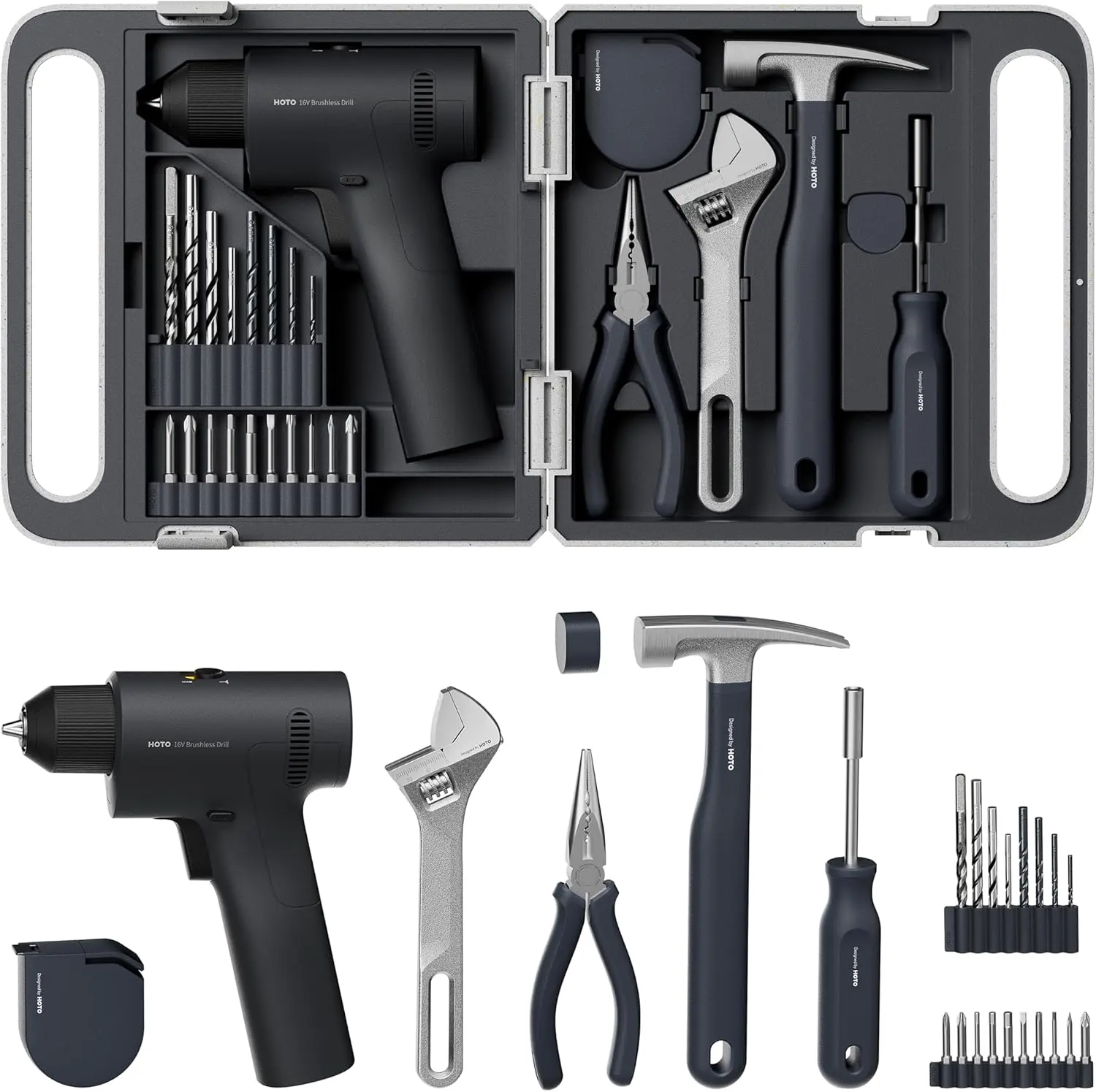 【Fathers day gift】HOTO 25PCS Household Tool Kit with 16V Brushless Drill, Smart Display, 50 N·m Torque, 32 Torque Settings, USB-C Charging, LED Light, Includes Hammer, Wrench, Pliers, 8 x Drill Bits, 10 x Bits