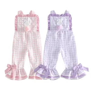 Toddler Baby Girls Easter Suspender Overalls Outfit Ruffled Sleeveless Gingham Bunny Pom-Pom Tail Bow Romper Bell Bottoms Jumpsuit