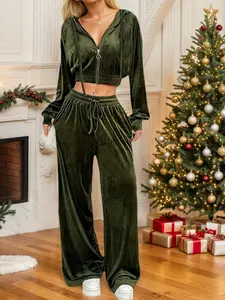 Women's Velvet Long Pants Set, Zip-Up Hoodie + Loose Fit Pants, Perfect for Sports Casual Home Wear, Autumn Winter