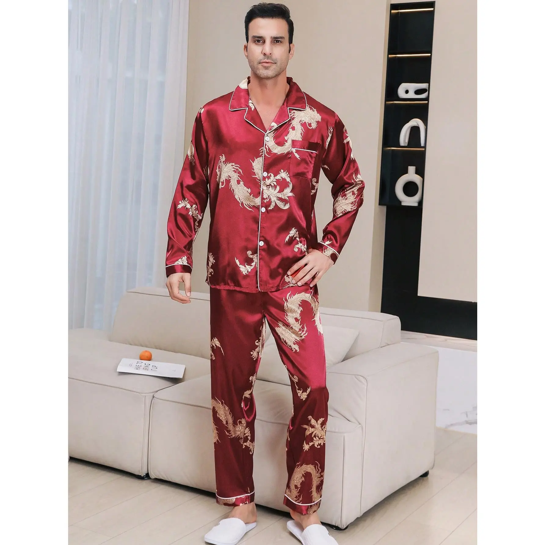 Two Pieces Sets Men's Satin Gold Dragon Print Edging Long Sleeved Pocket Top With Long Pants Pajama Set