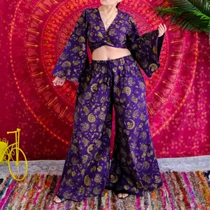 Boho Hippie Two Piece Pant + Top Set, Whimsical Outfit, Mushroom/Celestial Print Wide Leg Pants with Flare Sleeve, 90s Aesthetic, Cotton, Free Spirit Style, Flare Sleeve Top, Plus Size Inclusive, Bohemian Outfit, Festival Fashion, 90s Pant with Wrap Top
