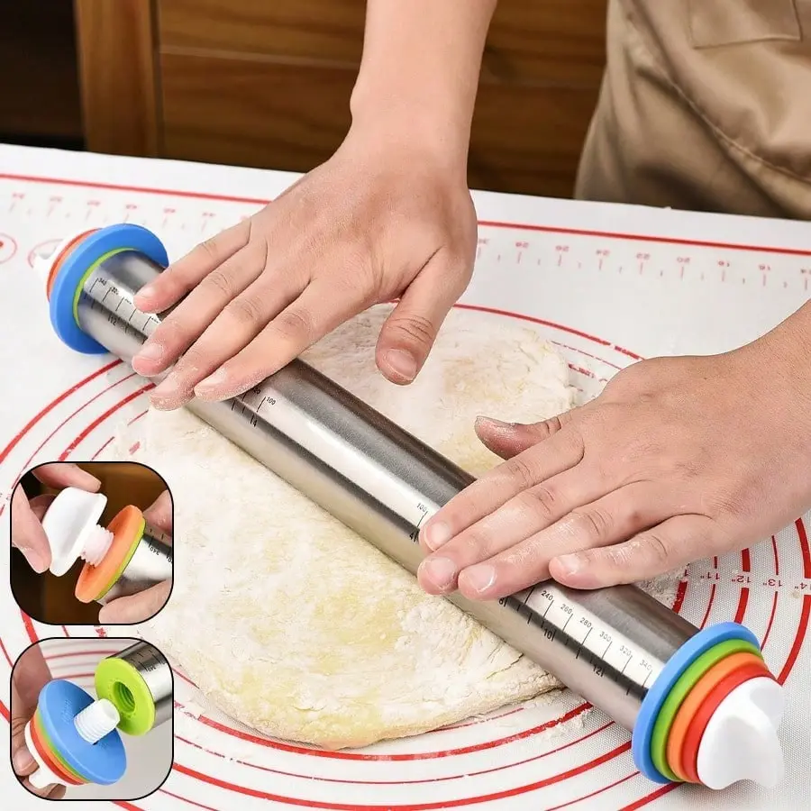 Adjustable Stainless Steel Rolling Pin with Thickness Rings, Precision Control, Uniform Dough, Perfect for Christmas Baking, Ideal for Holiday Pies & Pastries, Baking Tools, Utensils Bakeware