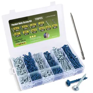 Pocket Hole Screws Assortment Kit, 720 count in 5 Sizes, 8 x 1, 1-1/4", 1-1/2", 2", 2-1/2", Anti-Rust Coated Pocket Screws for Exterior& Interior, Coarse Thread, 150mm Square Drive Bit Included