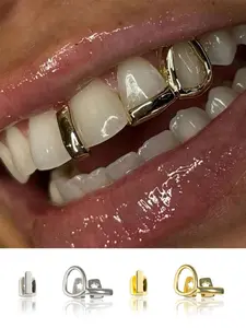 2Pcs Fashionable Hollow Copper Grillz Set, 14k Gold Plated Hip Hop Teeth Jewelry for Women, Tooth Gems, Teeth Cover Girls, Perfect for Music Festivals, Parties, Role-Playing