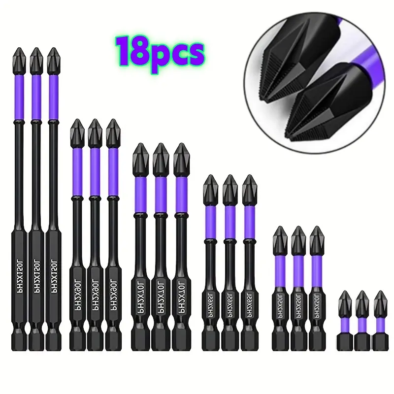 18PCS Cross Strong Magnetic Screwdriver Bit Set, PH2 Anti-Slip Non-Slip Drill Bits, Long Short Phillips Impact Driver Bits Kit for Cordless Drill Household Construction Repair titanium alloy