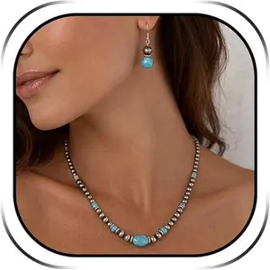LuckyJewelry B Navajo Pearls Necklace Western Jewelry for Women Stagecoach Festival Outfits for Women Cowgirl Navajo Pearl Earrings Boho Turquoise Beaded Necklace Stack Vintage Jewelry Country Concert Outfits Accessories Gifts