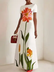 Elegant Floral Print Round Neck Short Sleeve Woven Dress, Fashionable Long Summer Dress for Women, Stylish Ladies' Clothing, Fit