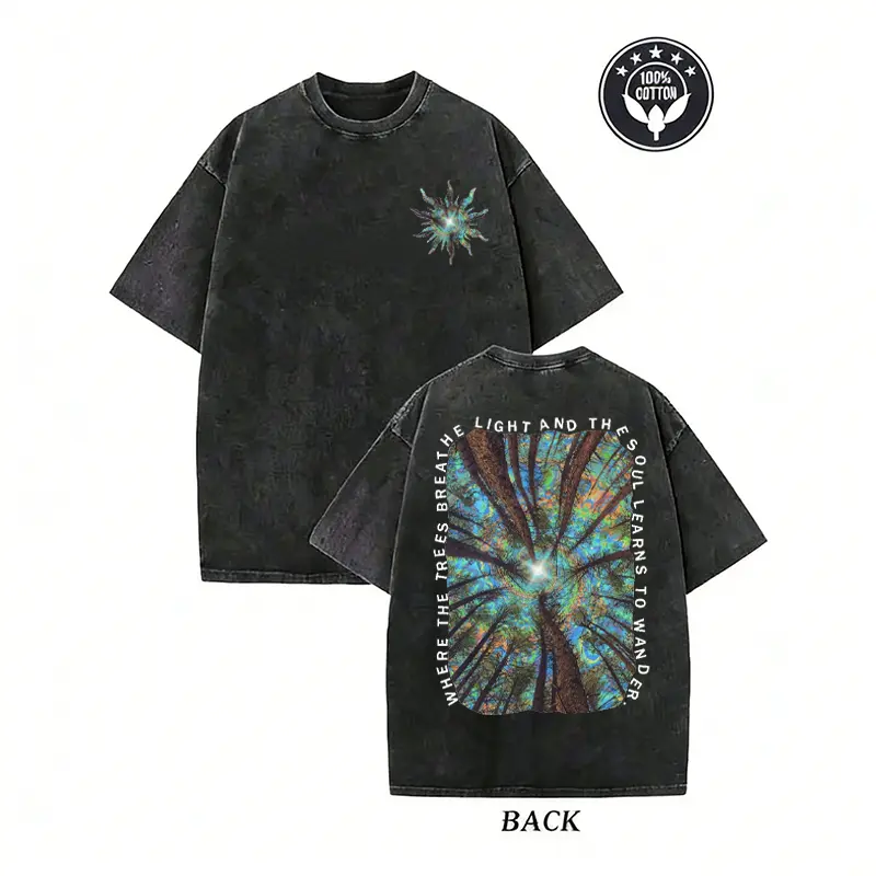 Women's 100% Cotton Psychedelic Forest Graphic T-Shirt - Vintage Acid Wash Short-Sleeve Top, Retro Fit, Crew Neck, 80s Aesthetic, Comfortable Loungewear, Solid Accent Cardigans Complement Piece