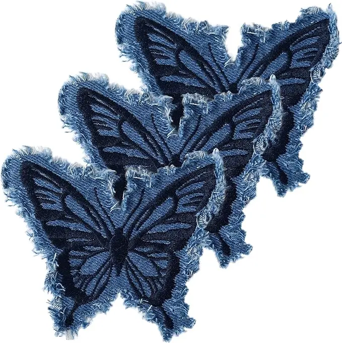 3pcs Denim Butterfly Iron on Patches, 4.33×3.74in, Blue | Denim, Sew on, Embroidered, Retro, Butterfly, with Fringe, for Jeans Jackets Bags Hat Shoes