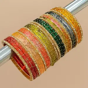 Raindrop Glass Bangles Set - 26 Multicolor Bridal Jewelry for Indian & Pakistani Weddings with Gold Detailing