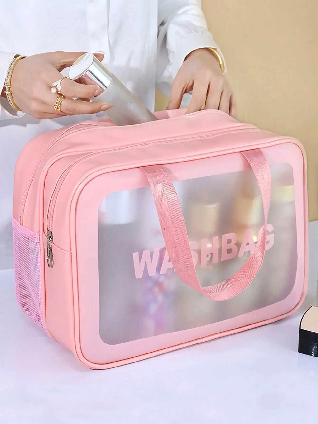 1pc Pink PU Dry And Wet Separation Clear Wash Bag Portable Waterproof Double Layer Organizer Toiletry Travel Bag Large Capacity Multi-Function Transparency PVC Storage Makeup Bag For Bathroom Portable Dry And Wet Separation Swimming Fitness Bag