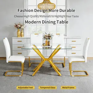 Modern 47.24-Inch Rectangular Glass Dining Table, Kitchen Table with Gold Metal Legs,Adjustable Feet, Stable and Durable, Supports 220 lbs, Easy to Assemble, for Kitchen and Dining Room