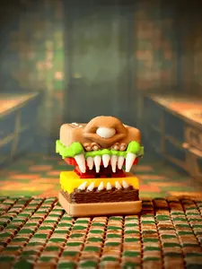 Fidget Burger with Teeth – 1 Inch Cube Fidget Clicker Toy | Monster Burger Desk Toy | Anxiety Relief | Unique Gift for Gamers & Collectors