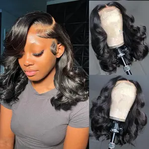 16 Inch Body Wave Bob Wig Human Hair 13x4 HD Lace Frontal Bob Wigs Human Hair Free Part 200% Density Loose Wavy Bob Lace Front Wigs Human Hair for Black Women Glueless Natural Black