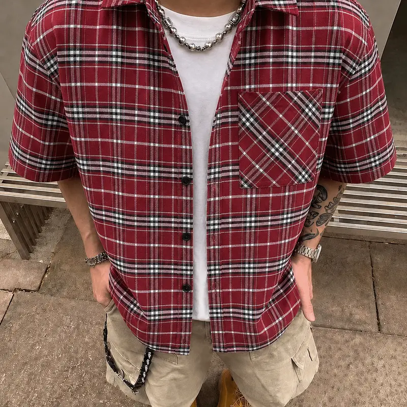 Men's Plaid Flannel Style Short-Sleeve Button-Up Top - Relaxed Fit, Checked, Chest Pocket, Flannel Alternative, Mens Clothing, Plaid Gingham Casual Shirts for Summer Outfits, Casual Streetwear, Vintage Fashion