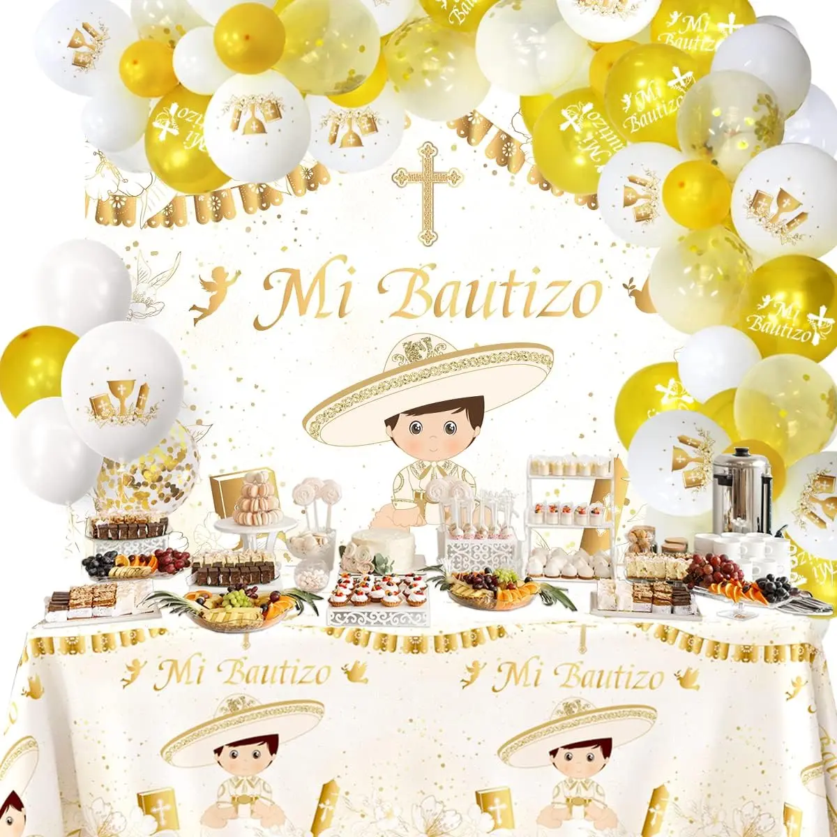 57Pcs Baby Boy Baptism Ceremony Decor Kit - Home Supplies, Arch Backdrop, Backdrop Tapestry Banner, Balloon Decor Arch Garland, Tablecloth for Christening Party Supplies, Arched Window Prop Festive Backdrops & Banners