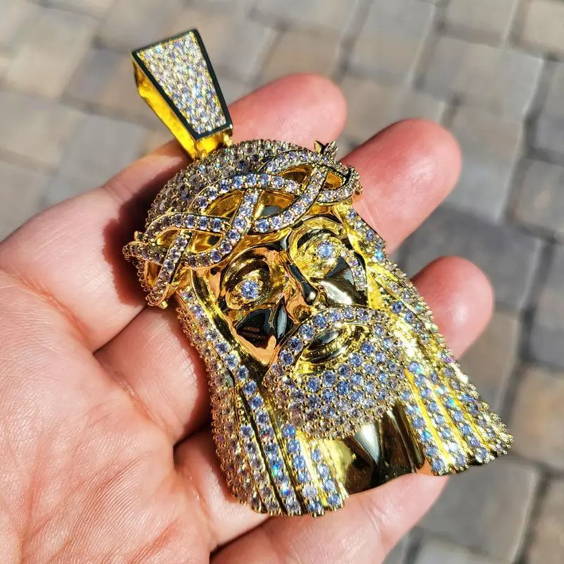 HIP HOP ICED 14K GOLD PLATED BRASS MICRO PAVE LARGE JESUS HEAD CHARM BLING PENDANT FASHION JEWELRY HIP HOP ICED 14K GOLD PLATED BRASS MICRO PAVE LARGE JESUS HEAD CHARM BLING PENDANT FASHION JEWELRY