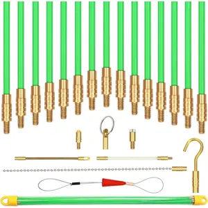 50 Feet Fiberglass Fish Tape Cable Rods, Electrical Wire Running Pull/Push Kit with Glow Rod and Hook & Hole Kit, Green