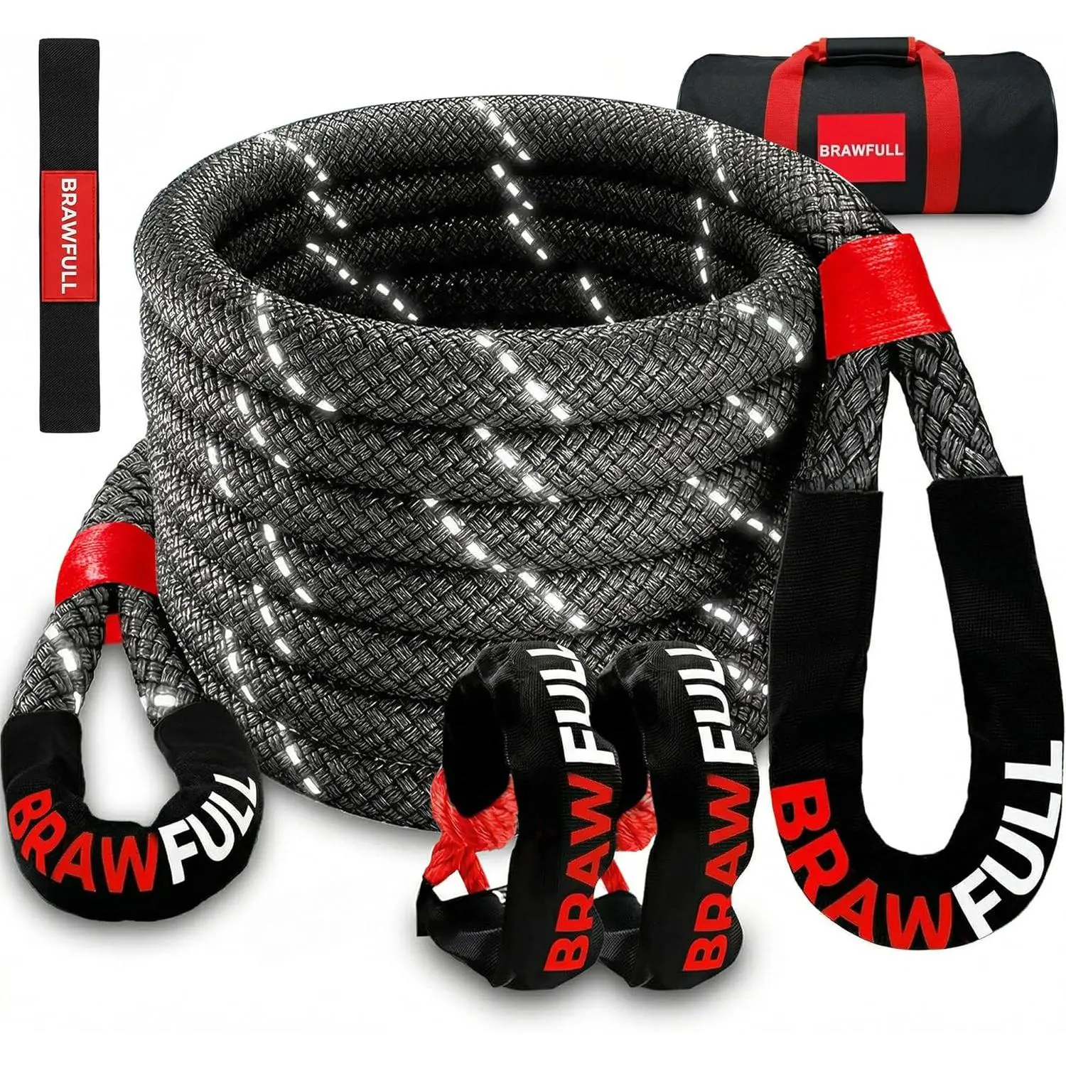 Heavy-Duty Kinetic Recovery Nylon Rope Kit, 1.26in x 30ft Black 55000LBS Stretch Strap with 2 Soft Shackles for Offroad Enthusiasts' Jeep, ATV, Tractor