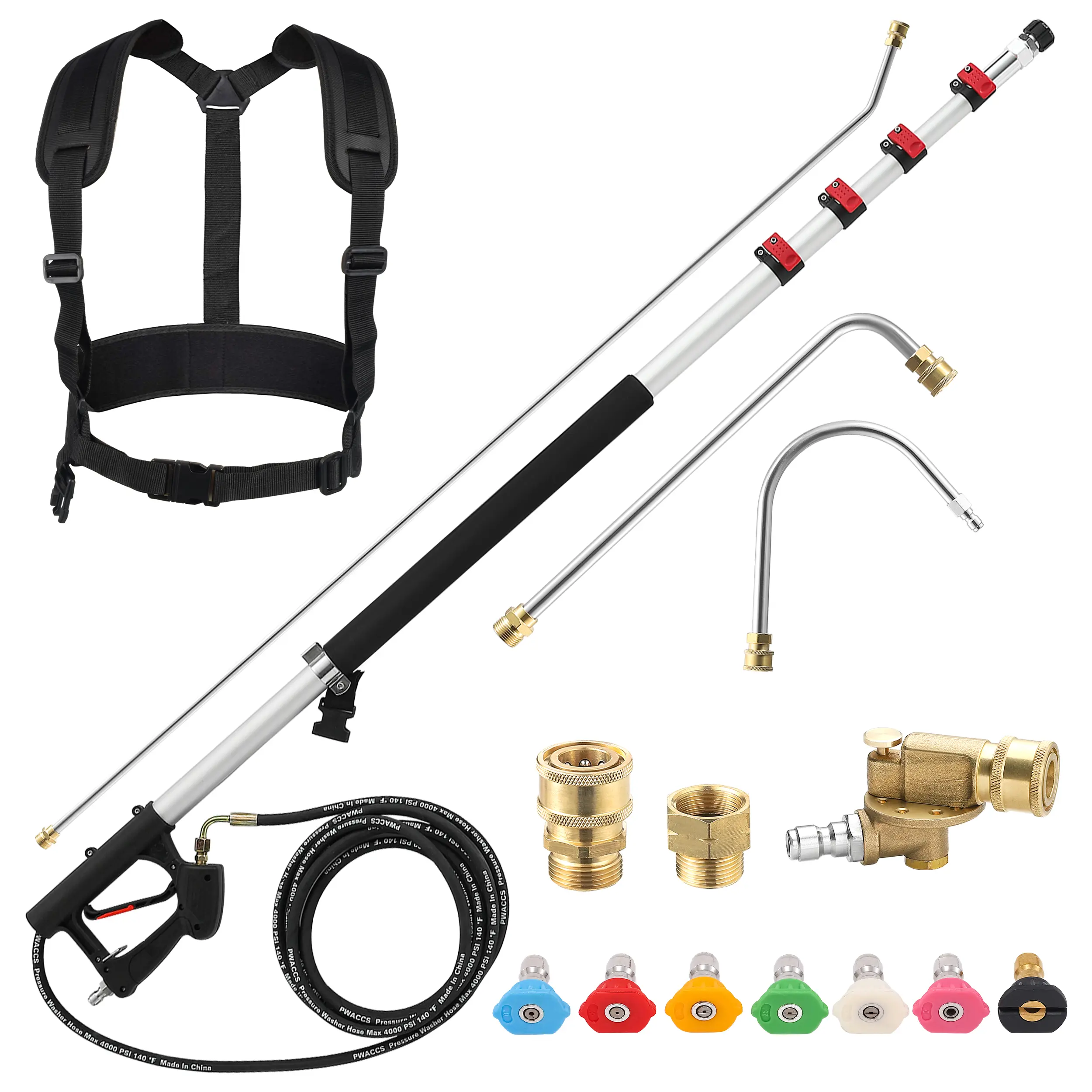 PWACCS 24 FT Telescoping Pressure Washer Wand, Telescopic Spray Wand with Power Washer Extension Wands, Gutter Cleaner Attachment Kit with 7 Nozzle Tips, 2 Adapters, Pivoting Coupler and Support Belt, DealsForYouDays