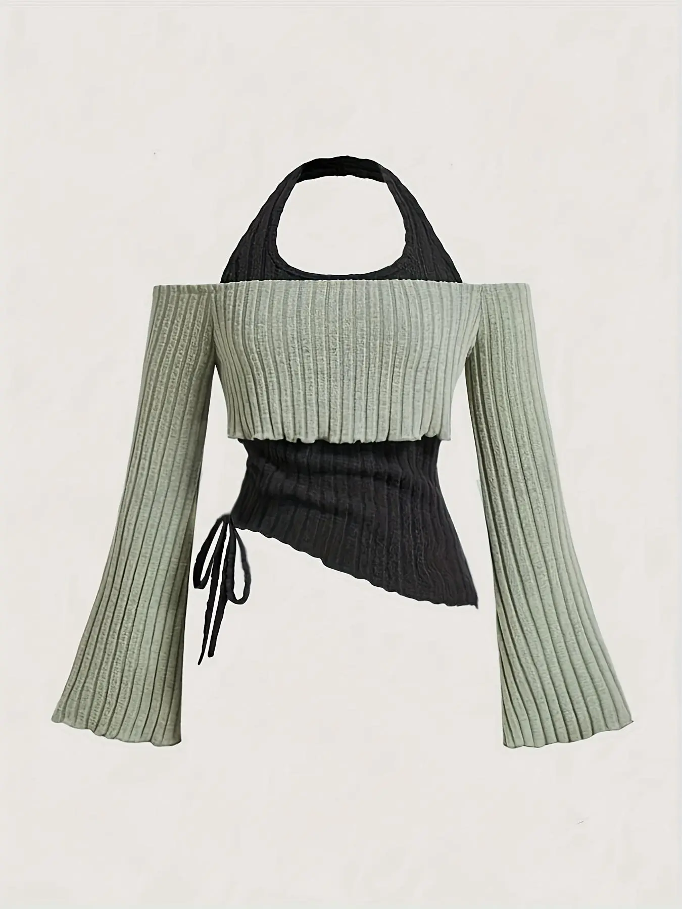 Women's Colorblock 2 in 1 Backless Halter Neck Crop Knit Top, Asymmetrical Flounce Long Sleeve Drawstring Adjustable Fit Top for Daily Wear, Ladies Clothes for All Seasons, Cute Tops, Casual Chic Knitwear