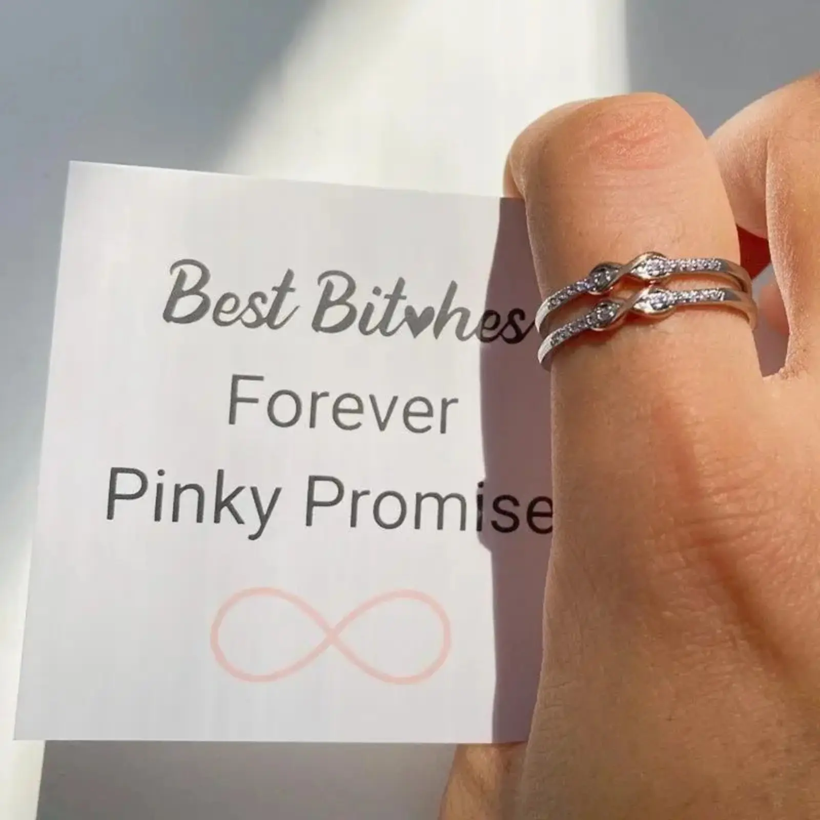 2026 NEW 2PCS Forever Best Friends Pink Oath Infinity Symbol Ring Set - Best Bitches Pinky Promise White Gold-Plated Rings for Unbreakable Bond, Matching Friendship Adjustable Rings