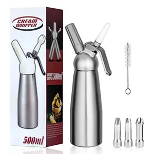 Professional Aluminum Whipped Cream Dispenser Cream Maker 500mL (1 Pint) for Desserts Gourmet Cream Whipper with 3 Decorating Nozzles- N2O Chargers (Not Included)