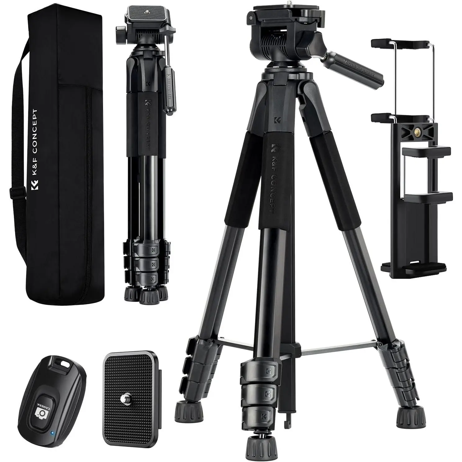 K&F Concept 68" Lightweight Adjustable Aluminium Pentagon Tube Camera Tripod Stand, Portable for Travel Outdoor Use, Compatible with DSLRs & Phones, Includes Cellphone Clip for Video Recording Live Streaming Vlog (S254A3+BV01), Smartphone, Accessories, Ph