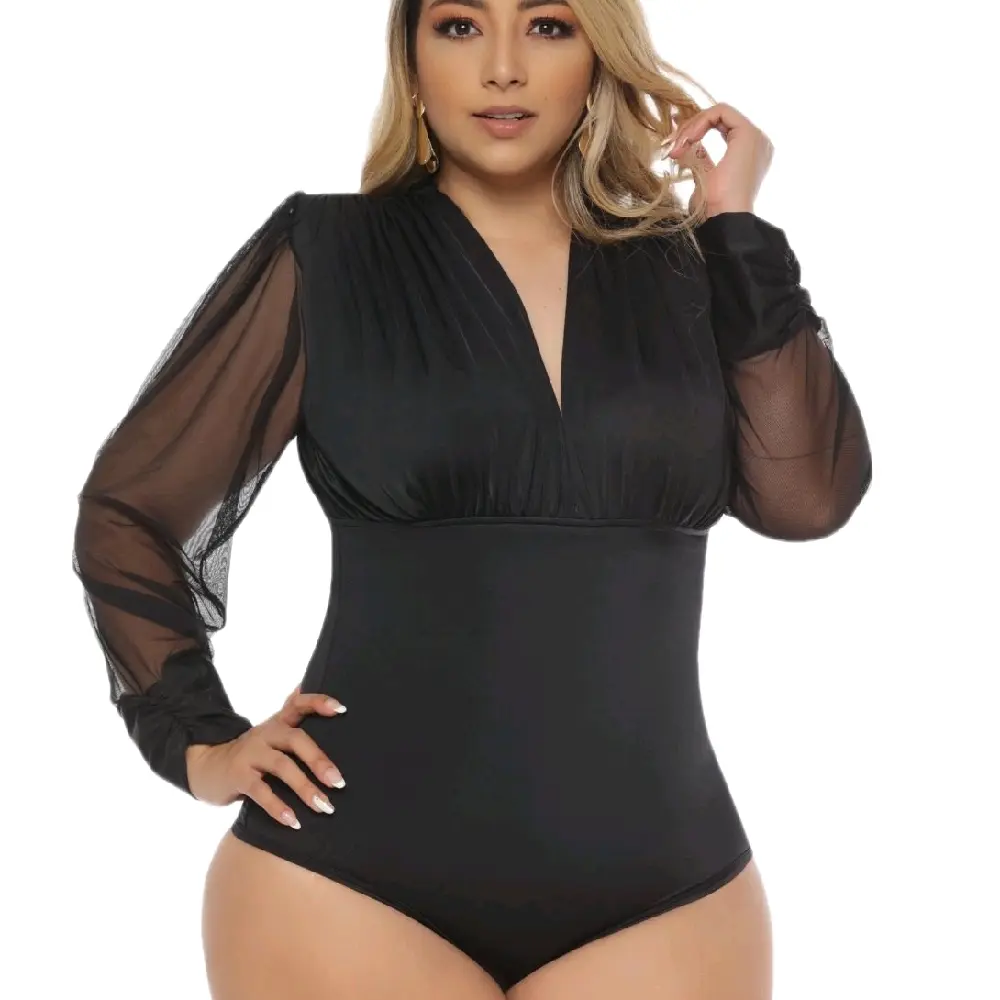 Women's V-Neck Long Sleeve Shaper Bodysuit - Plus Size Powernet Shapewear with Compression Tummy Control, Comfortable Minimalist Casual Outfits for Everyday Wear