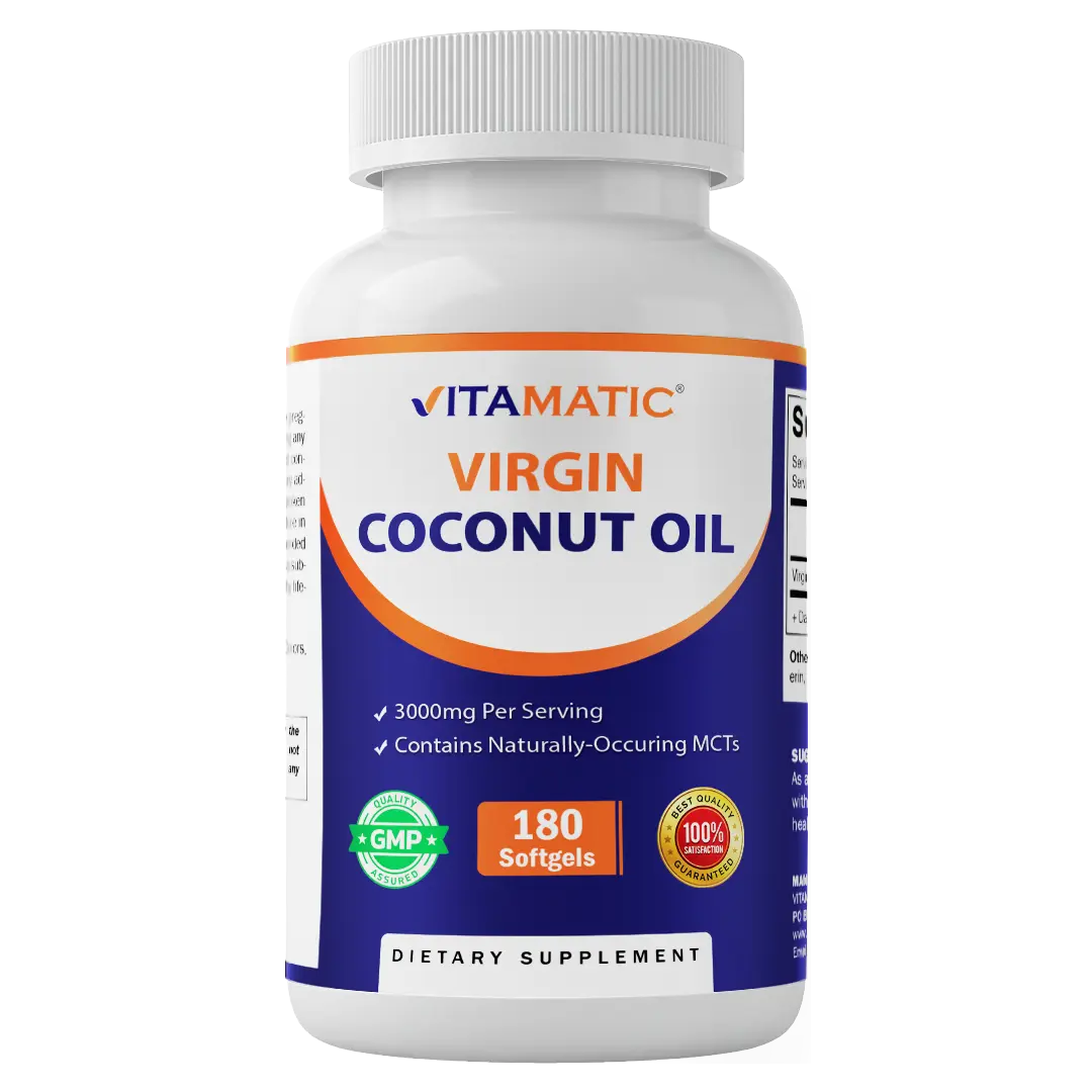 Vitamatic Edible Virgin Coconut Oil Capsules - Natural MCTs Adult Supplement, 3000 mg Per Serving, 60 Servings, 180ct Bottle, Non-GMO, Gluten-Free, Unflavored, Non-GMO for Cleaner Daily Choices
