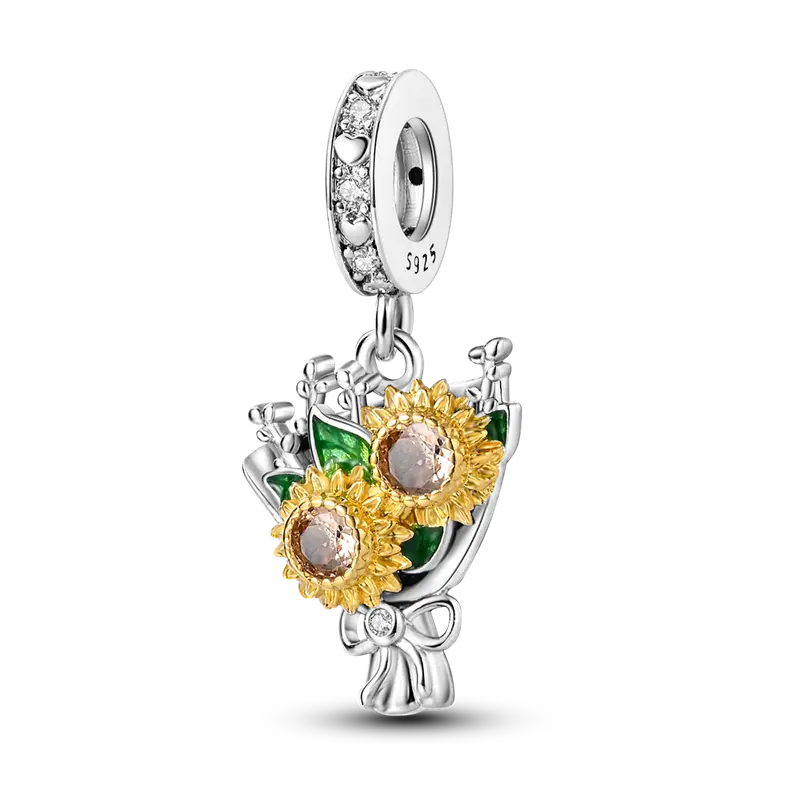MULA Women's 925 Silver Sunflower Charm with Cubic Zirconia, Casual Flowers Pendant for Bracelets, Durable Gold-Plated Jewelry, Female, Elegant